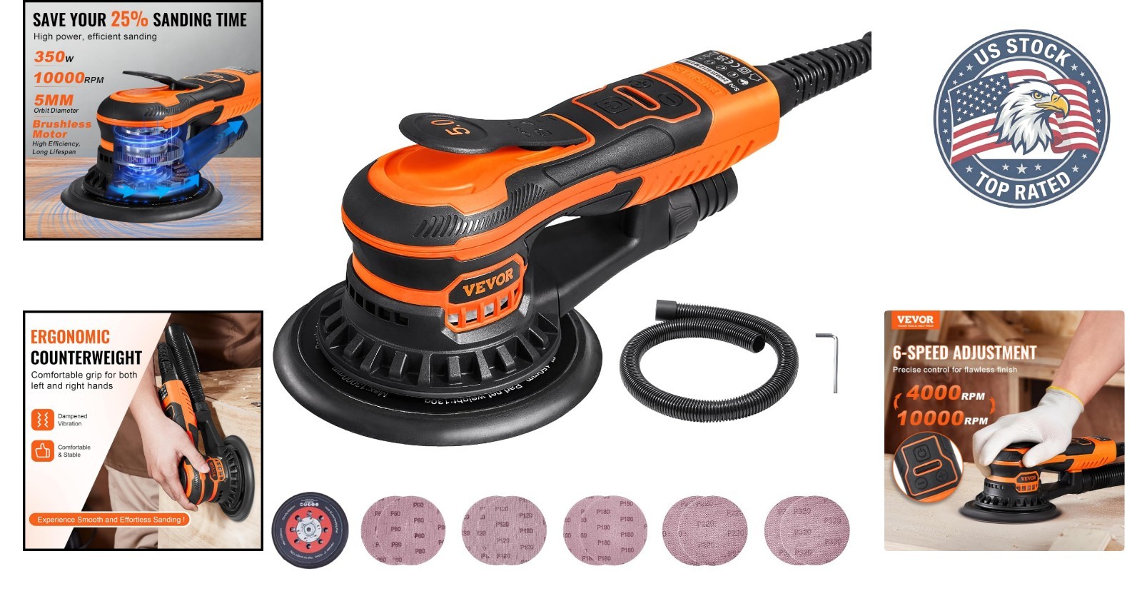 Efficient 6-Inch Brushless Palm Sander with 10-Speed Settings & Safety Features