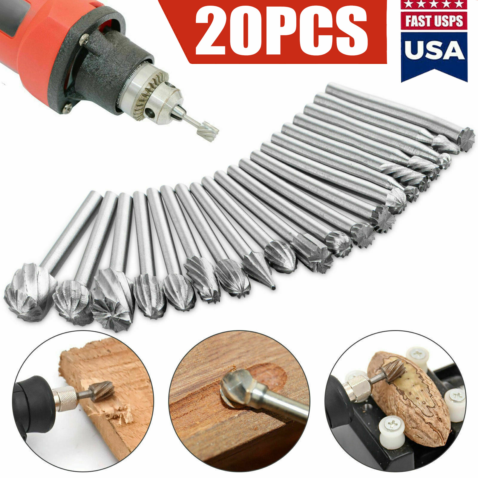 US 20x 1/8&Prime; Shank Tungsten Carbide Burr Rotary Drill Bits Tools Cutter Files Set