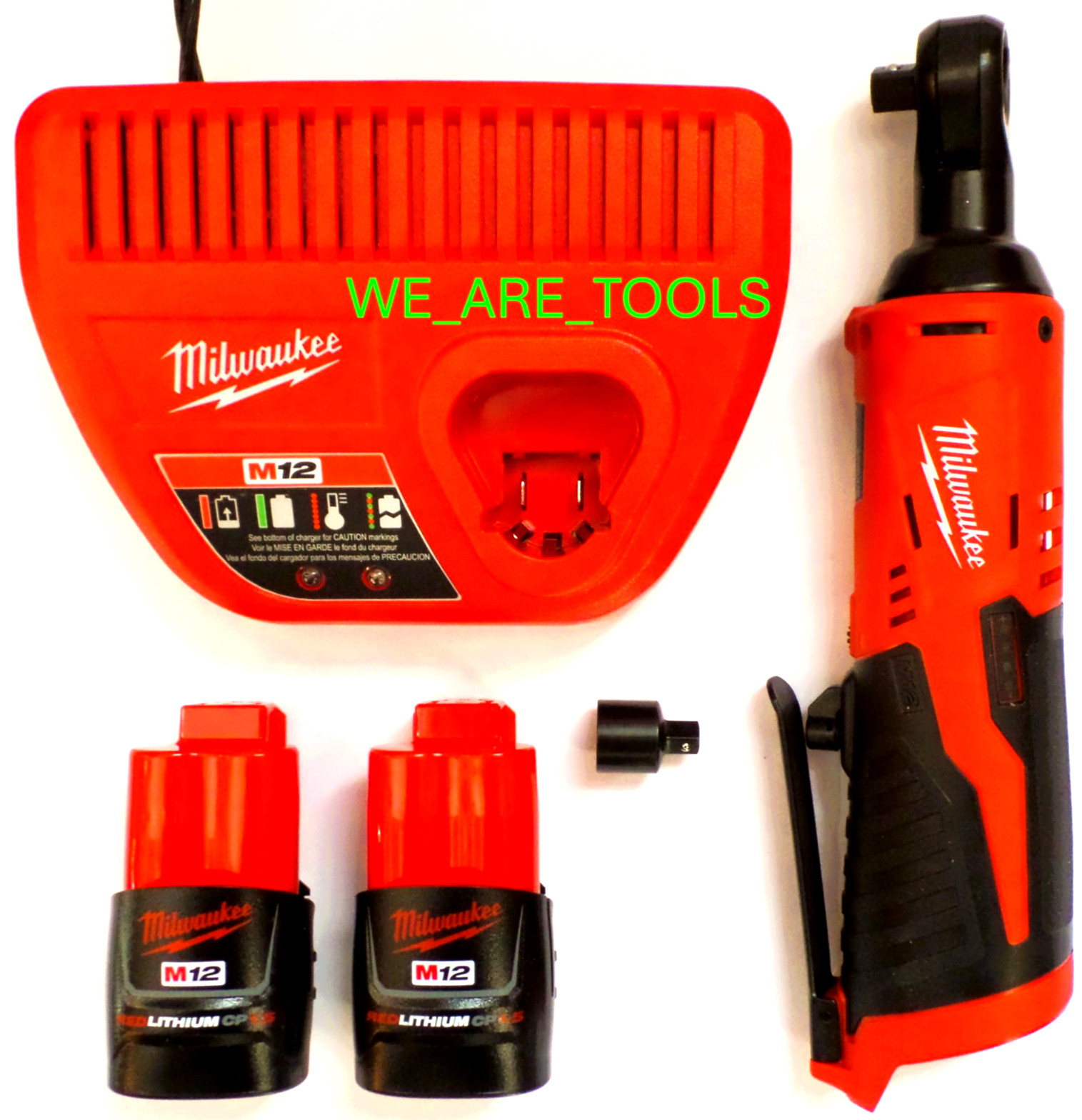 Milwaukee Kit BARE M12 2457-20 Cordless 3/8&Prime; Ratchet, 2) 1.5 Ah Battery, Charger