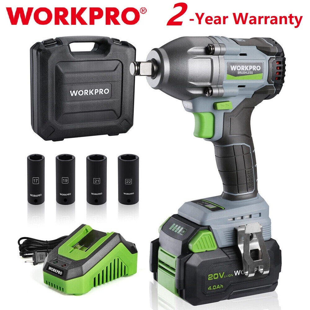 WORKPRO 1/2 Cordless Impact Wrench 20V Brushless Impact Gun 370 Ft-Lbs (500N.M)