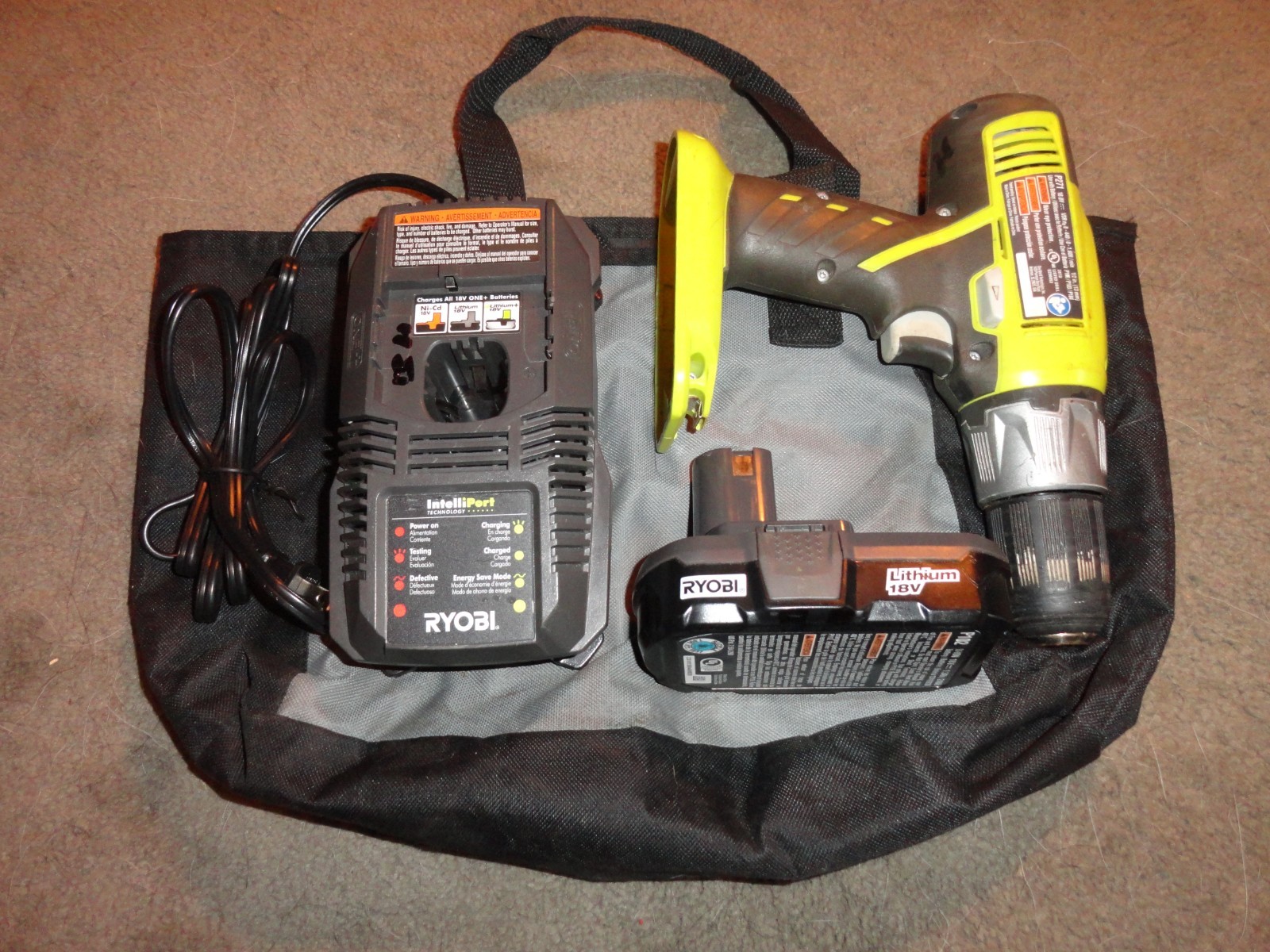 RYOBA 18-VOLT CORDLESS DRILL, BATTERY, CHARGER, & CARRY BAG