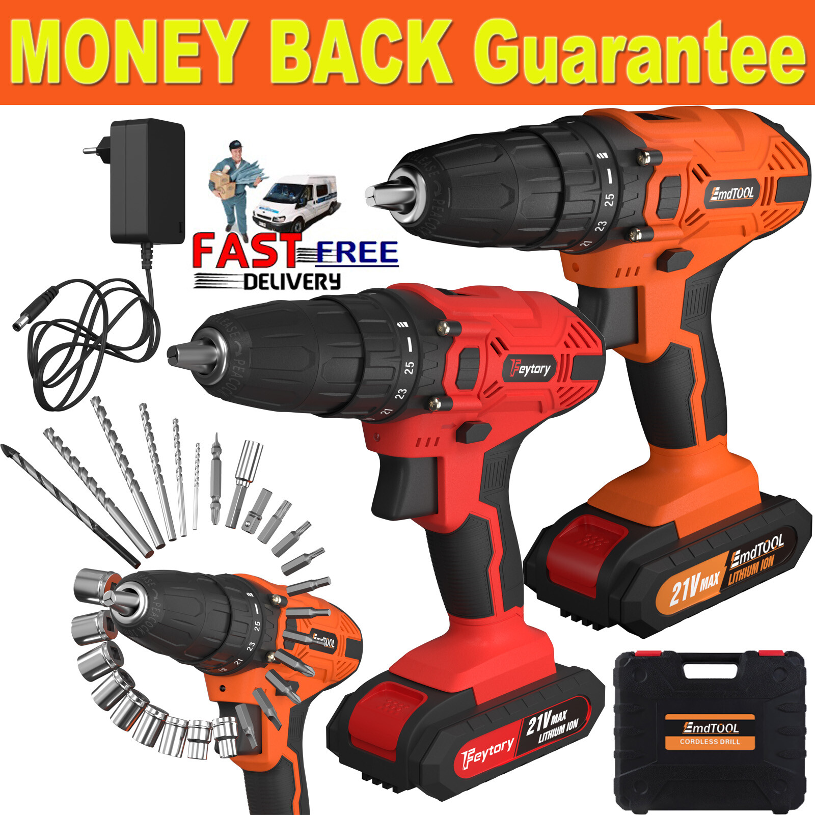 20V Cordless Drill Set Power Drill Driver Impact Drill+Battery Fast Charger+Case