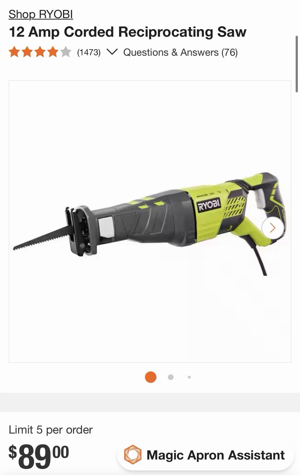 RYOBI Corded Reciprocating Saw USED Reciprocating Saw No Blade(Read Description)