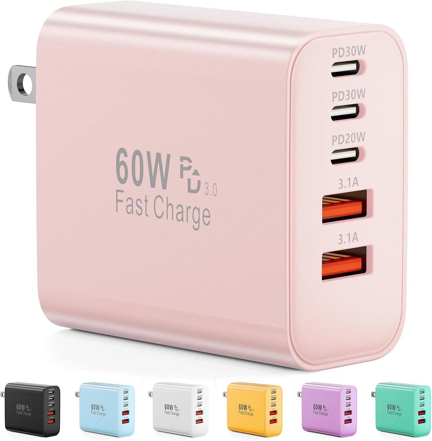 60W USB C Charger Block 5 Port Fast Charging Adapter Iphone Samsung Pink