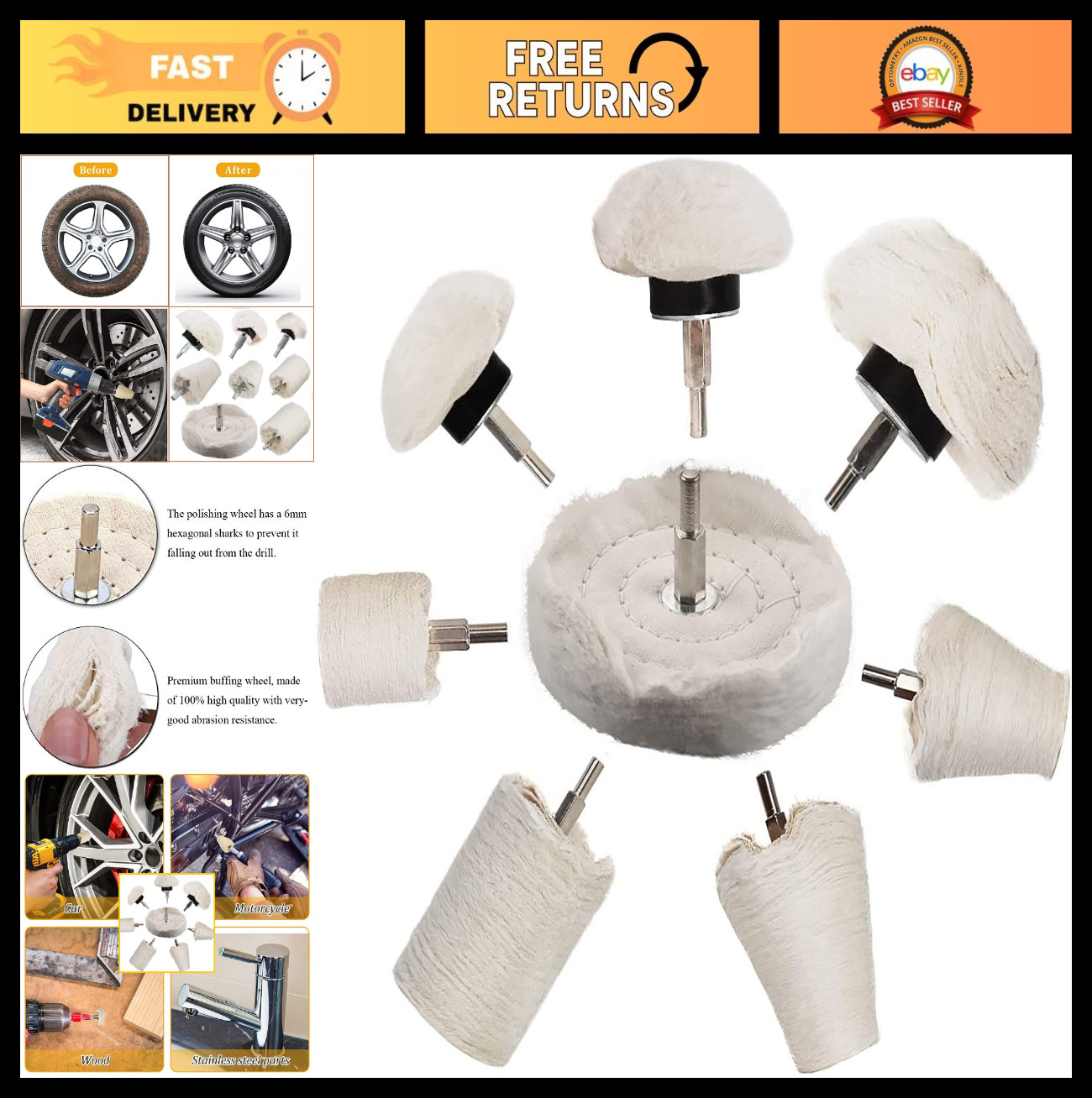 8 Pcs Buffing Wheel Kit – Polishing Pads for Drill, Metal, Plastic, Glass, Wood