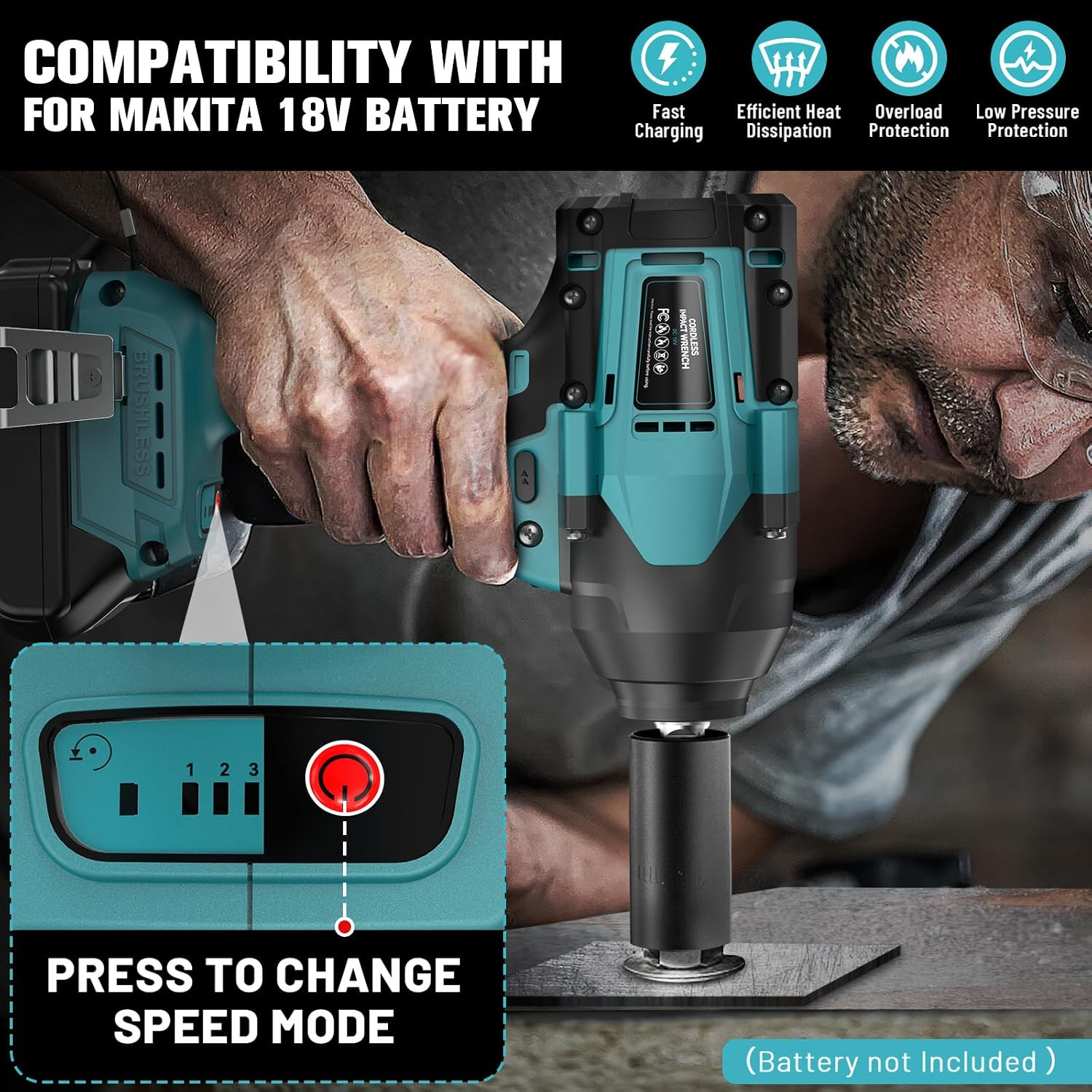 Cordless Impact Wrench 1/2 Inch for Makita 18V Battery, 600Ft-Lbs(850N. M) Brush