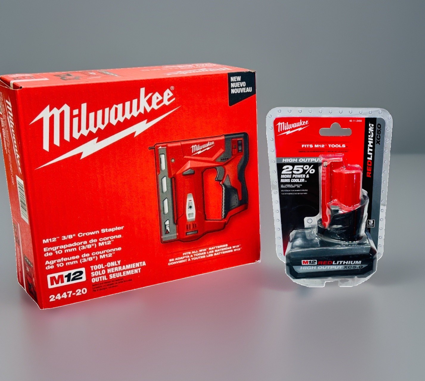 NEW Milwaukee 2447-20 M12 Cordless Compact 3/8&Prime; Crown Stapler, 1) 5.0 AH Battery