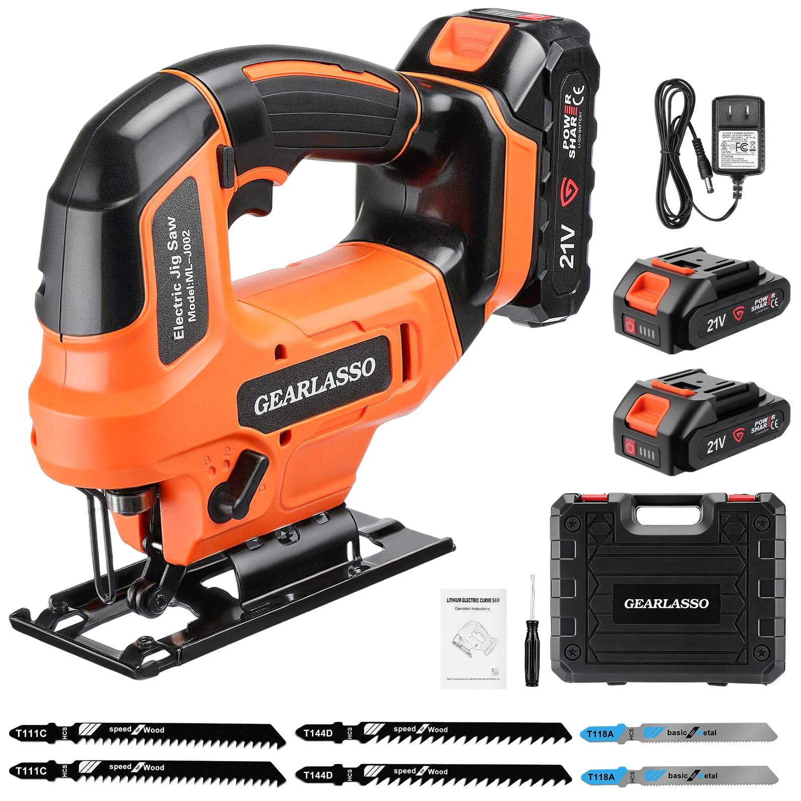 Gearlasso Cordless Jig Saw 21V 22.0Ah Batteries 2800 Rpm Variable Speed For 4