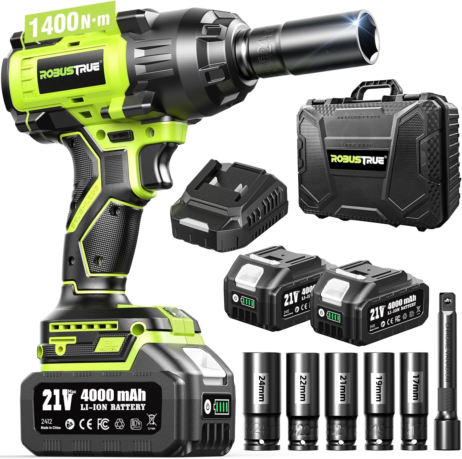 1400N.m High Torque Cordless Impact Wrench – 2×4.0Ah for Truck & RV Repairs