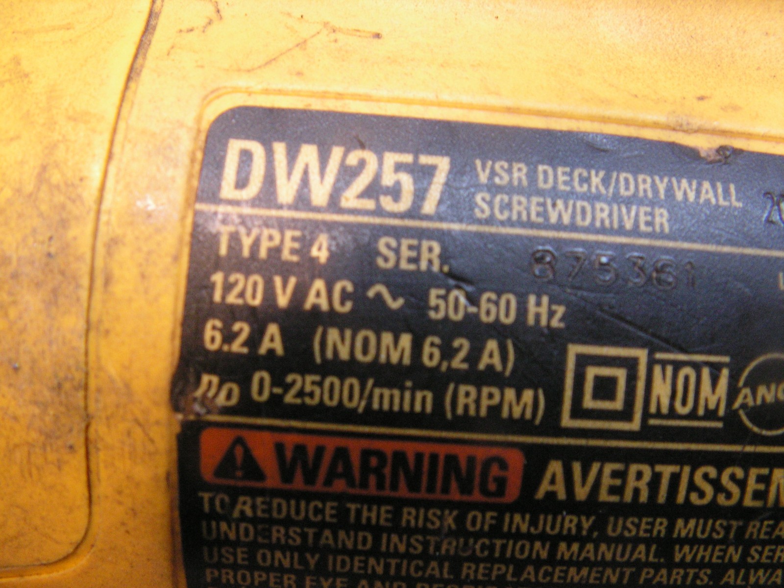 DW257 Dewalt VSR Deck/Drywall Screwdriver TYPE 4 Used, Good Condition. With Bit.