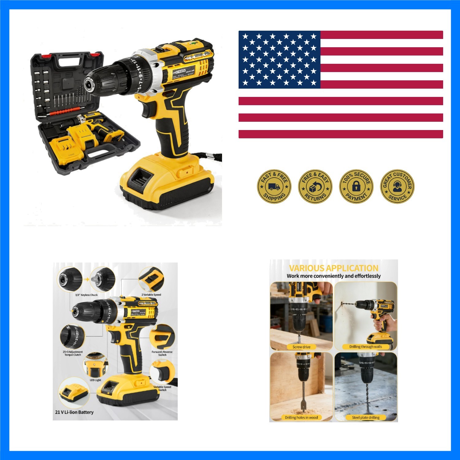 21V Cordless Drill Driver Kit, 25+1 Clutch, 2 Batteries & Charger, 3/8&Prime; Keyle…