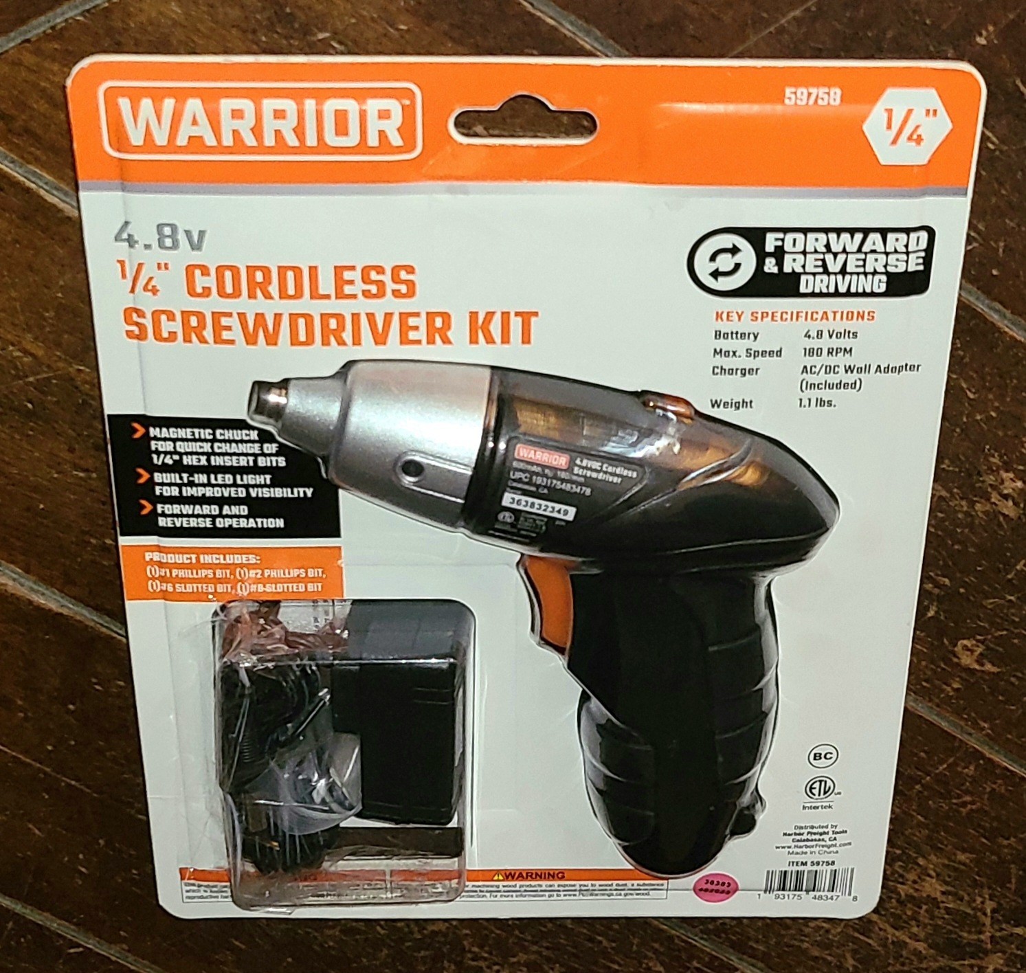 Warrior 1/4&Prime; Cordless Screwdriver Kit with 4.8V Lithium-Ion Battery #59758
