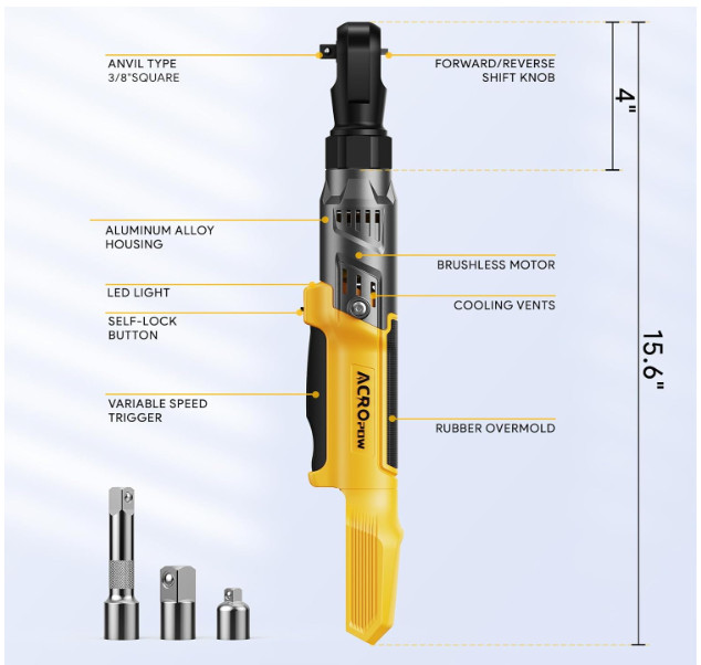 Llave de carraca inalámbrica 3/8”, motor sin escobillas, 74 ft-lb, velocidad var