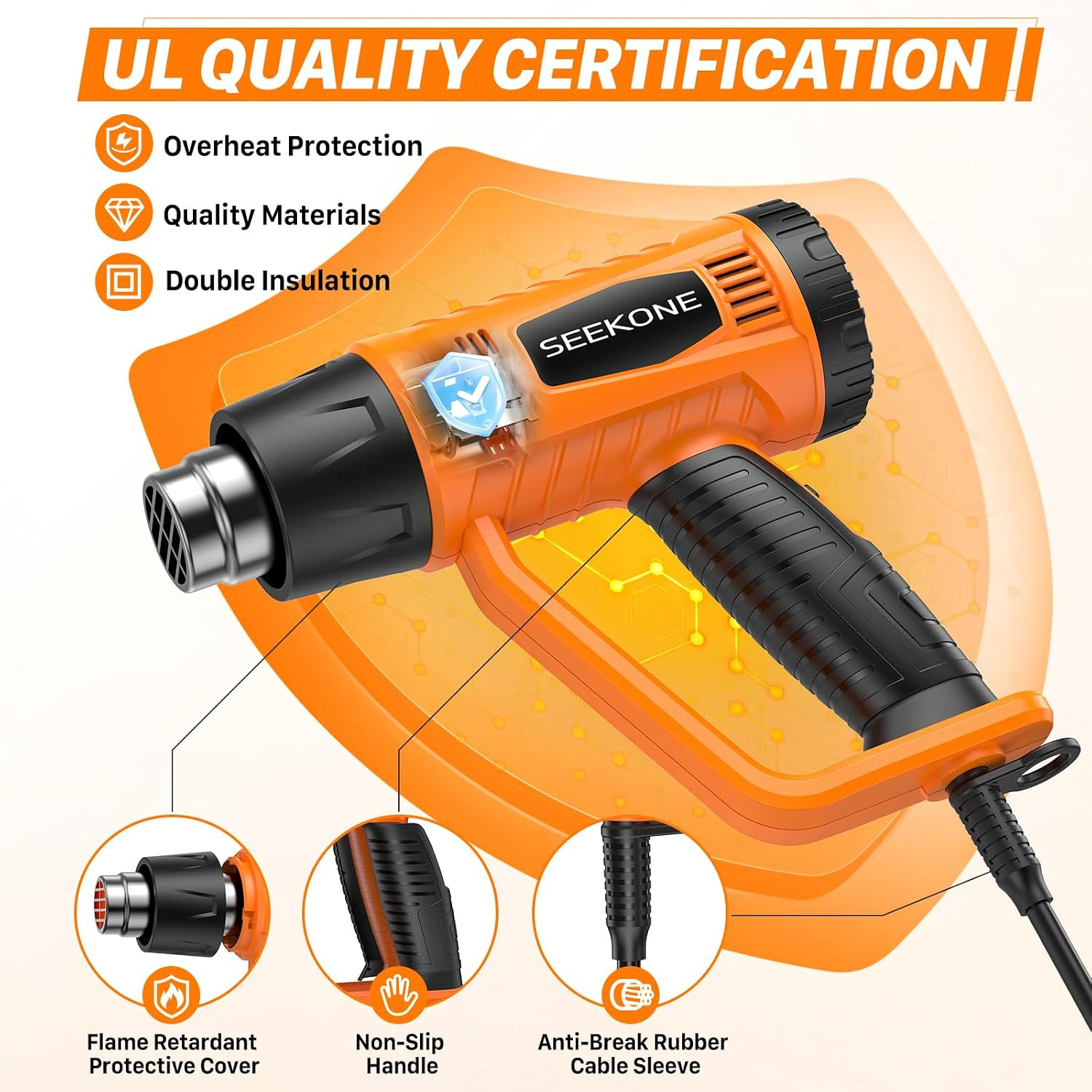 SEEKONE Heat Gun 1800W with 1112℉&752℉ 2 Temperature Settings for Crafting | 2-S