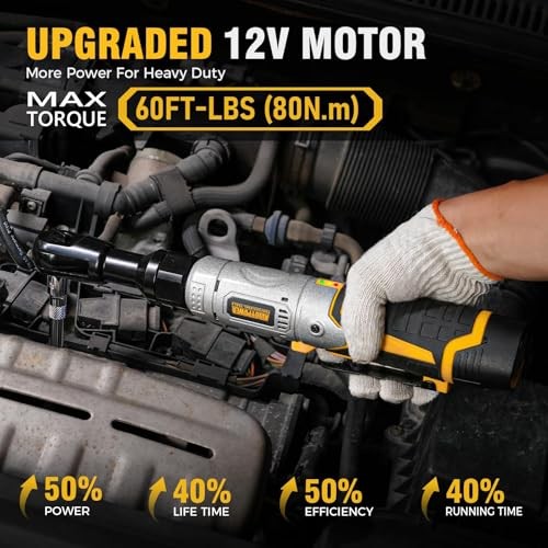 3/8&Prime; Cordless Ratchet Wrench Set, 60FT-LBS(80N.m) Electric Ratchet, 12V Yellow