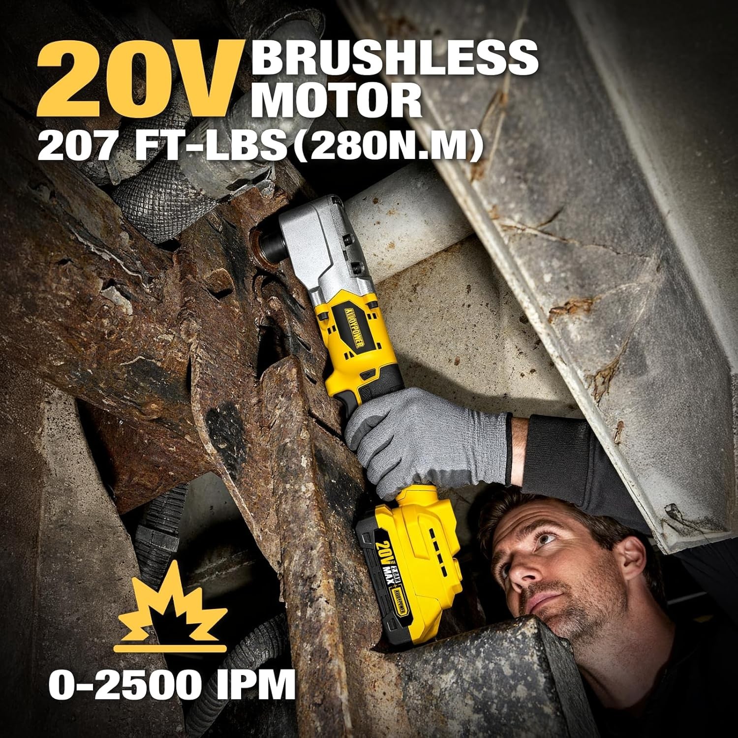 ALLOYPOWER 20V Brushless Right Angle Wrench, 207 Ft-Lbs（280N.M）,1/2 » High Torqu