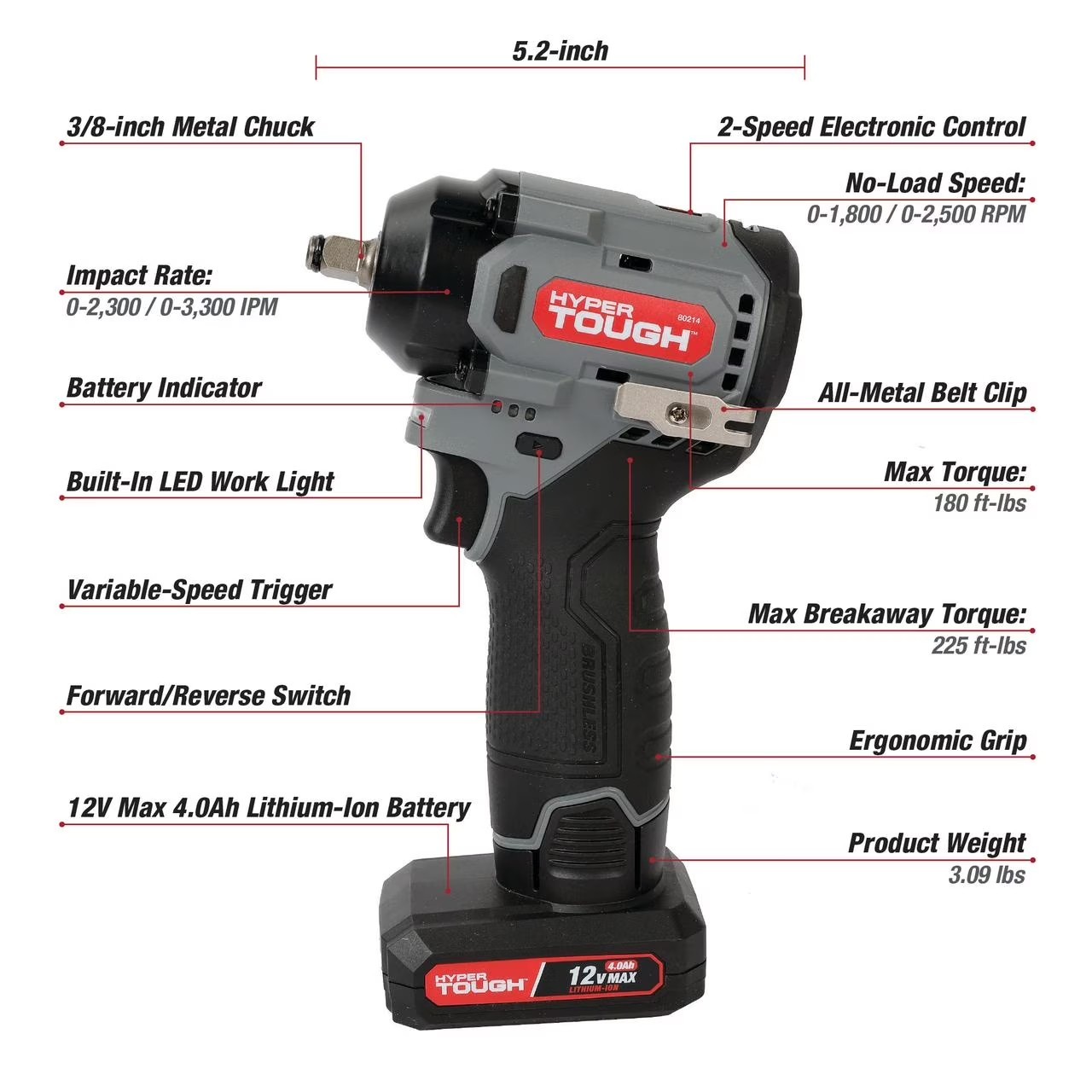 Hyper Tough 12V Max Cordless Brushless Impact Wrench with 4.0Ah Lithium-Ion Batt
