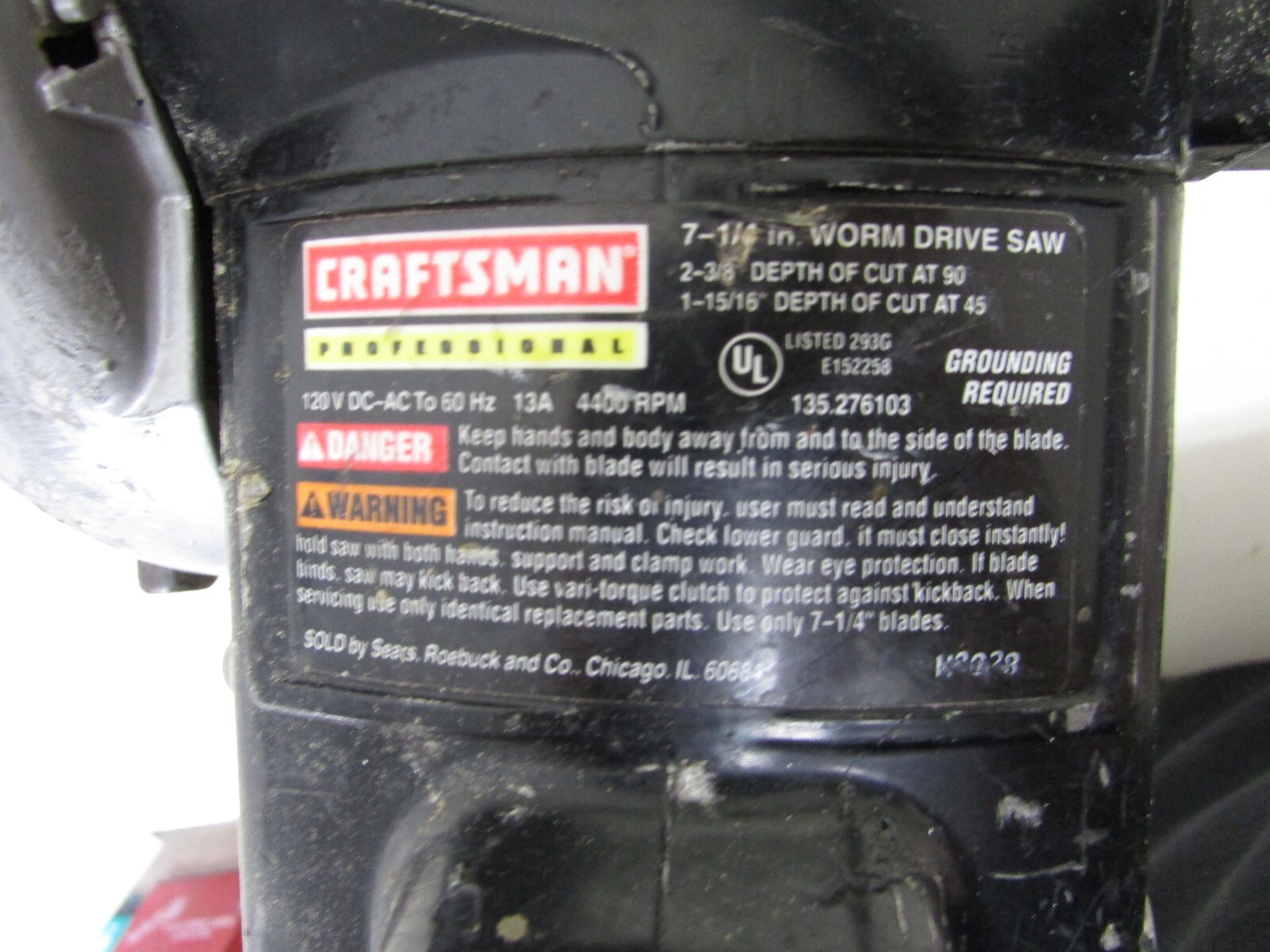 CRAFTSMAN PROFESSIONAL 7-1/4&Prime; WORM DRIVE SAW #135.276103, 120V, 13A, 4400 RPM