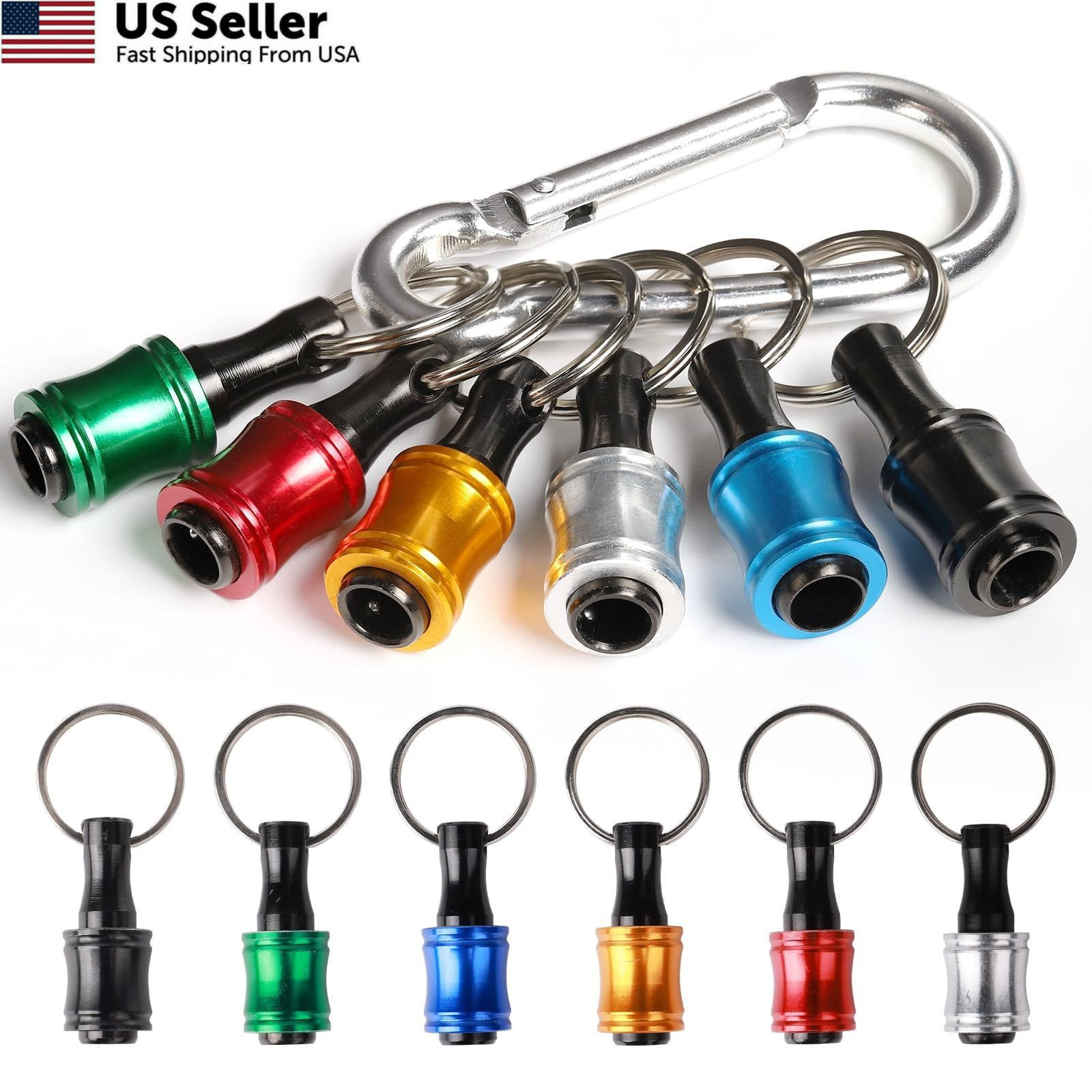 katerk 6 pcs 1/4 inch Hex 1 set (1 Carabiner + 6 bit-holders), Silver Set)