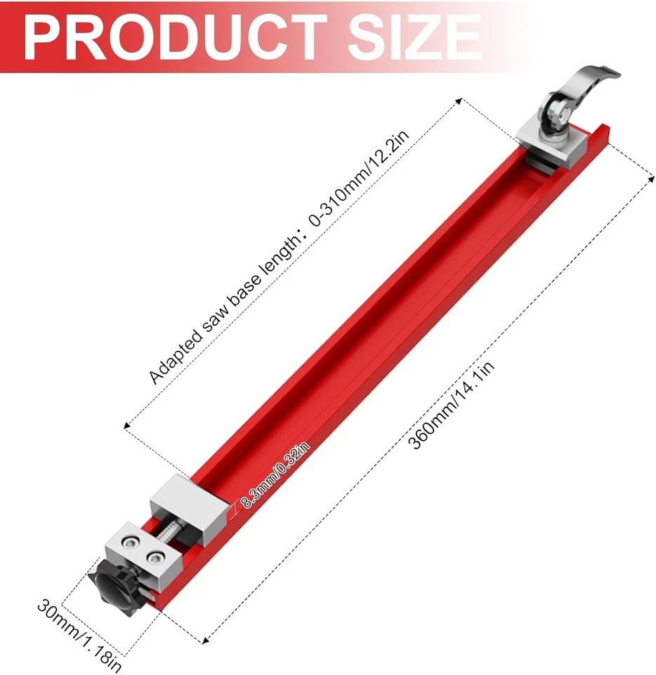 Circular Saw Guide Rail Fits 12&Prime; Base, Aluminum Adjustable Cutting Red