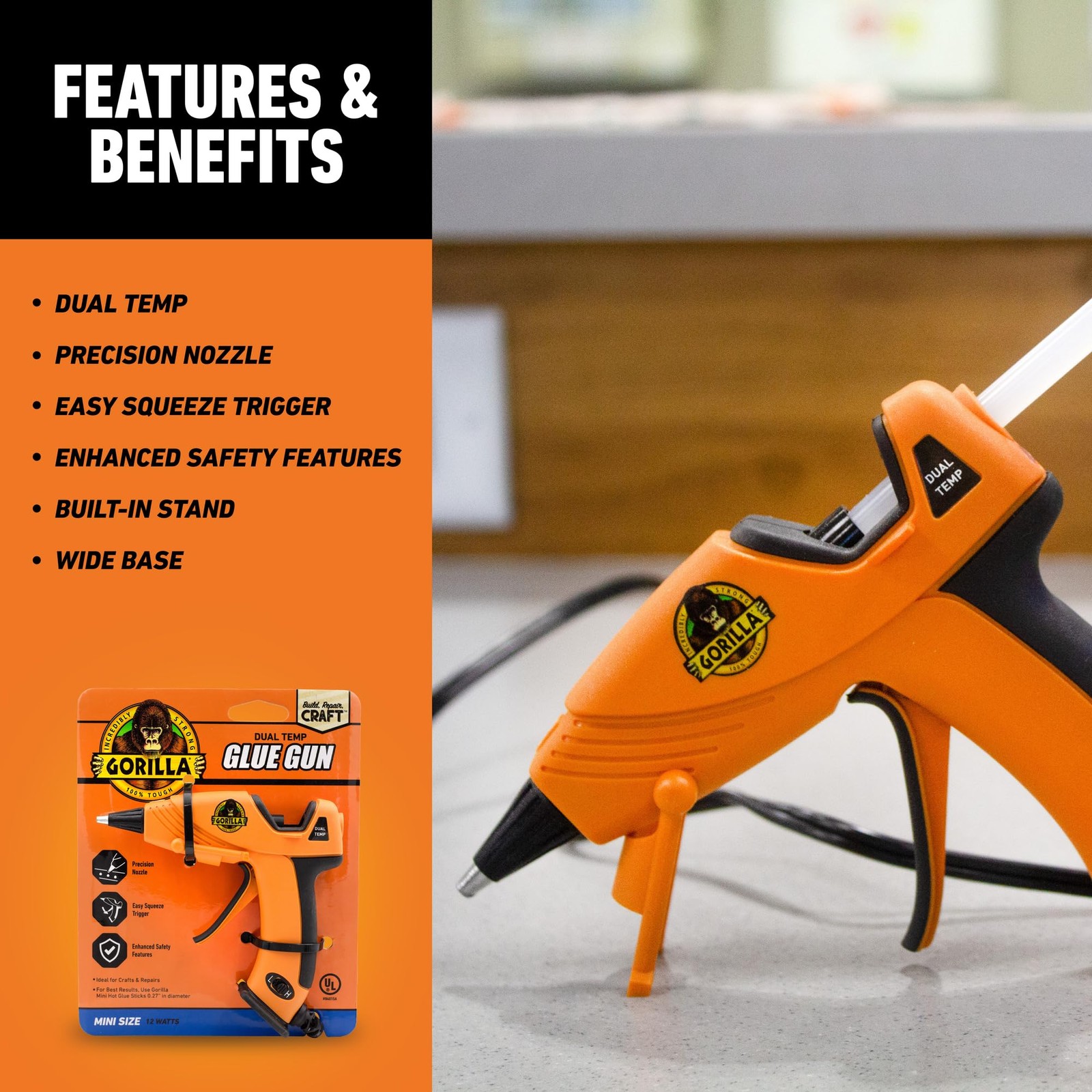 Gorilla Hot Glue Gun (Pack of 1) – Dual Temp Mini Size Gun, 1 Pack