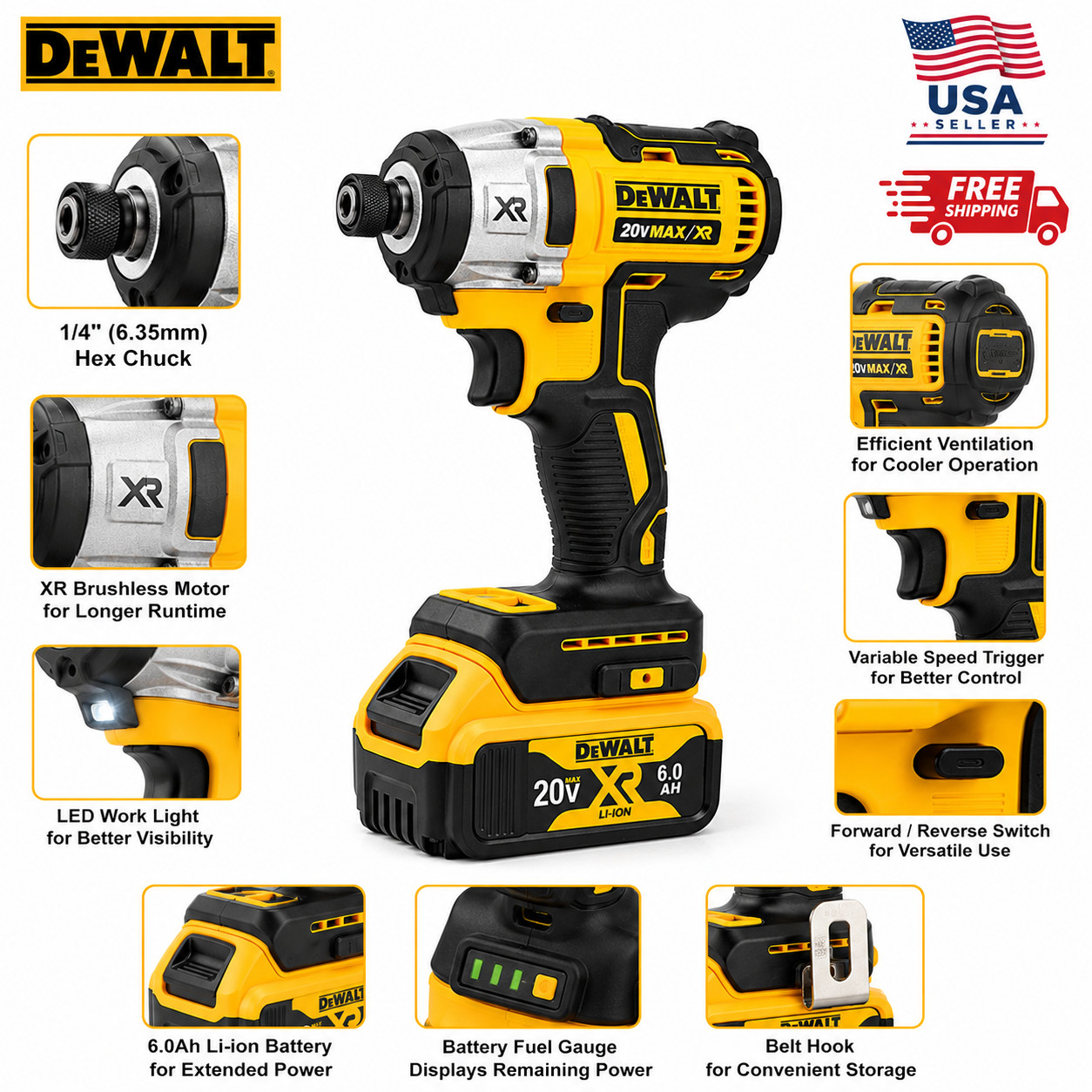 DeWALT DCF887 20V MAX XR Brushless 1/4&Prime; Hex Impact Driver Cordless 3 speed Tool