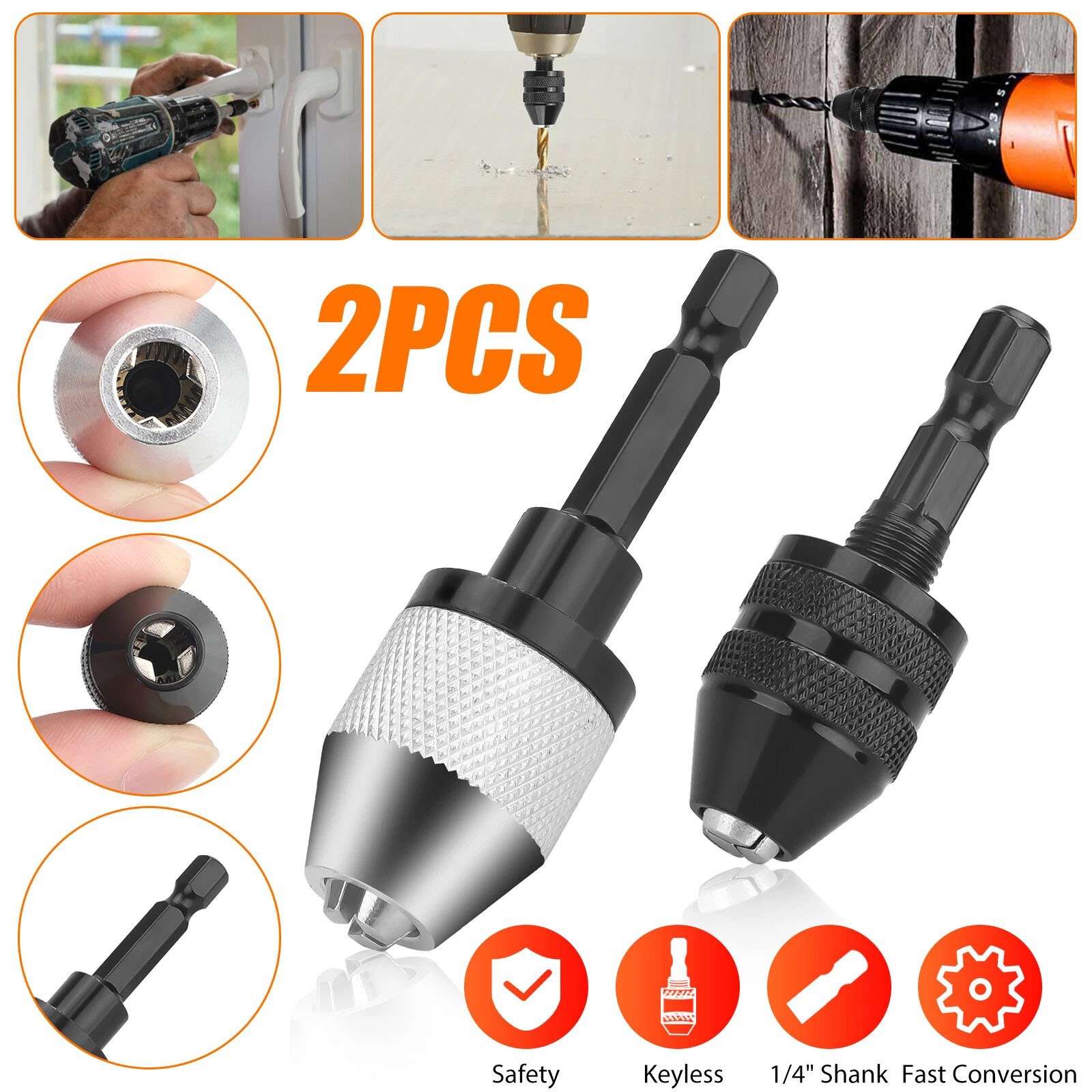2x Keyless Drill Chuck Adapter 1/4&Prime; Hex For Power Tool Quick Change Accessory