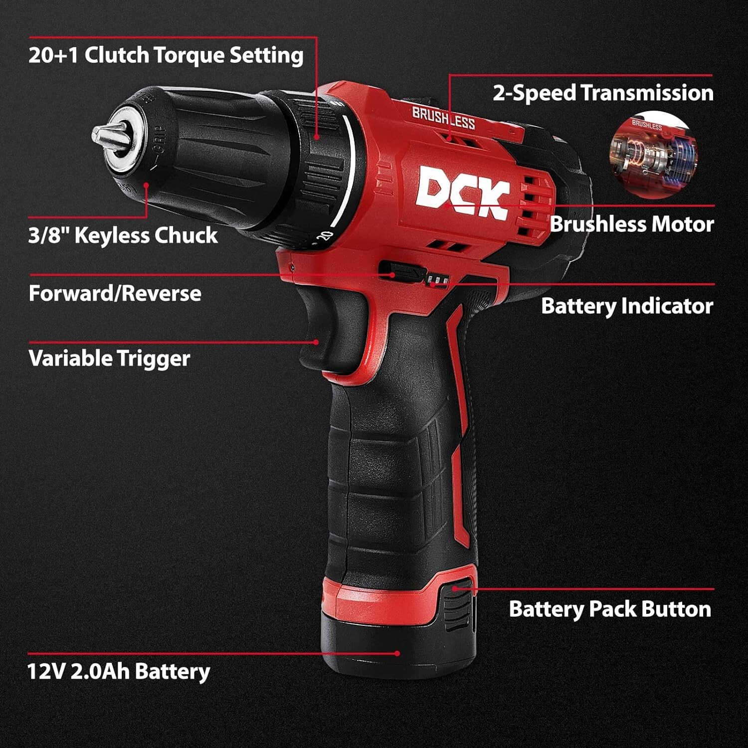 Brushless Drill Set, 12V Cordless Drill with 2.0Ah Battery, 3/8’’ Keyless Chuck