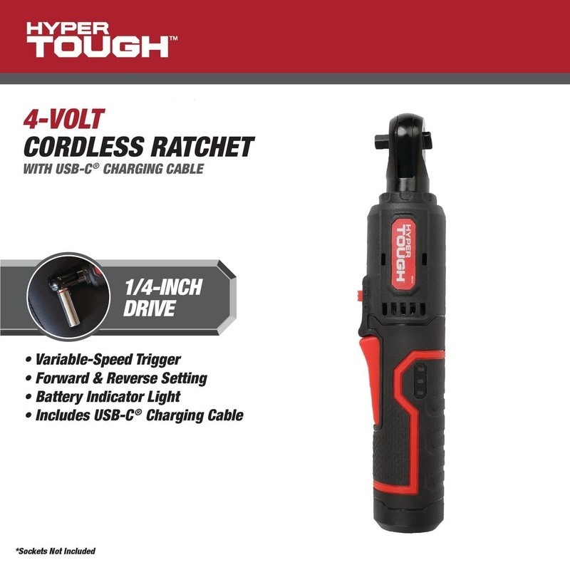 4V Cordless Ratchet 2Ah Battery LED Light USB-C 1/4 Inch Torque 159 in-lbs