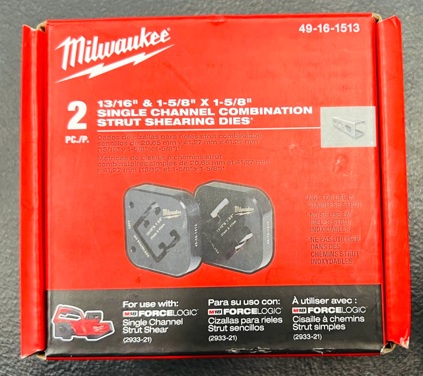 Milwaukee 2pc 13/16&Prime; & 1-5/8&Prime;x 1-5/8&Prime; Combination Strut Shearing Dies 49-16-1513