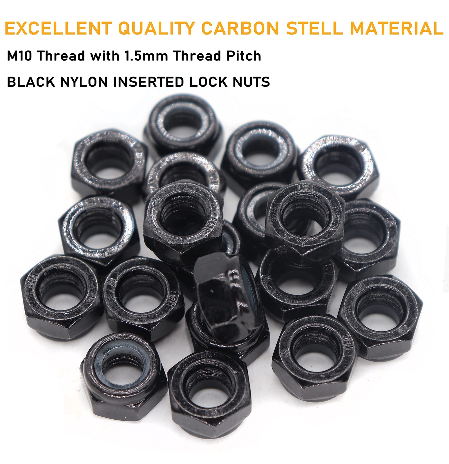 binifiMux 10Pcs M10 x 1.5mm Black Hex Nylon Insert Self Lock Nuts, m10,