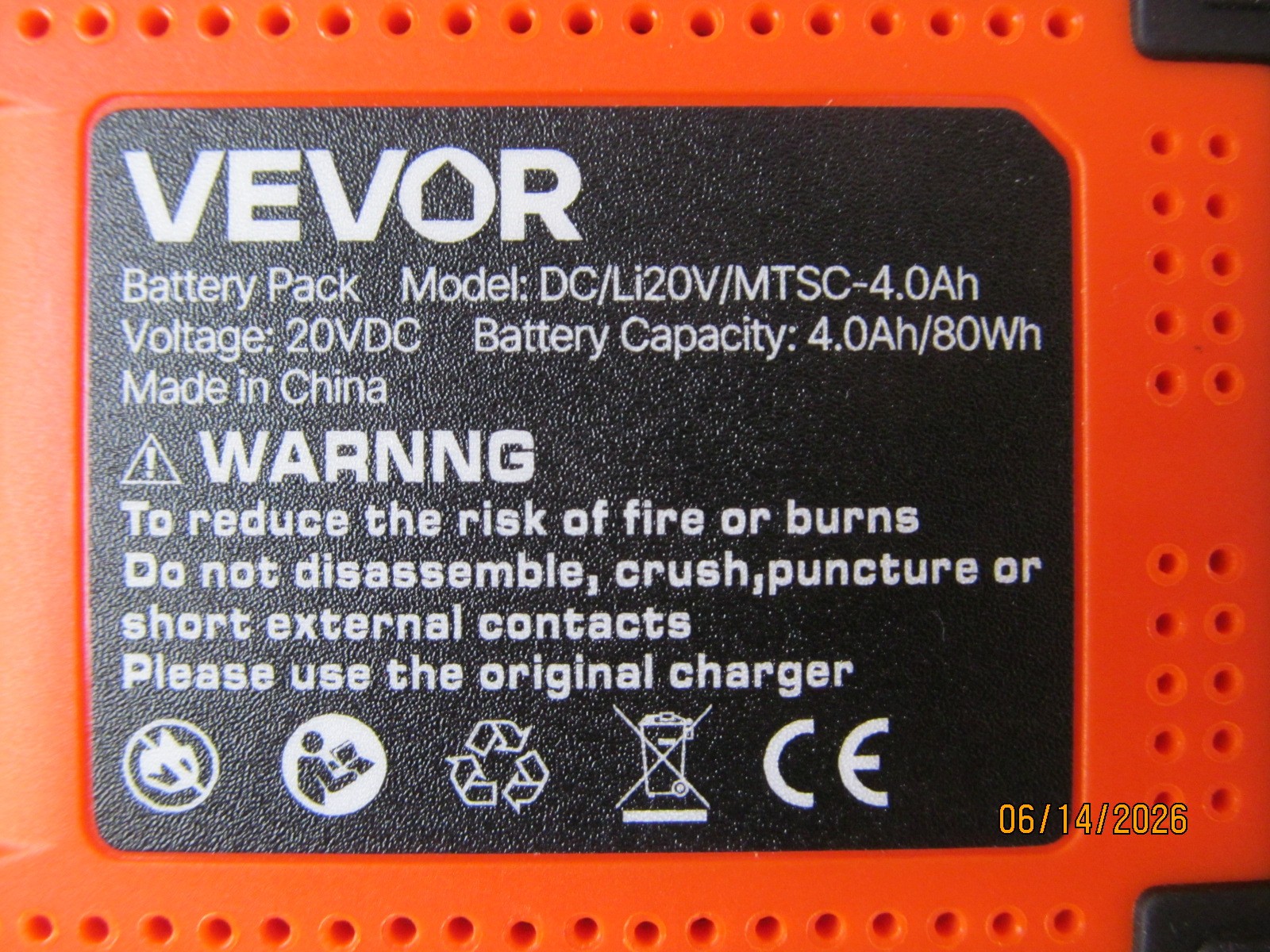 NEW Genuine Vevor 20V 4.0Ah POWER TOOL battery 4Ah P/N DC/Li20V/MTSC-4.0Ah