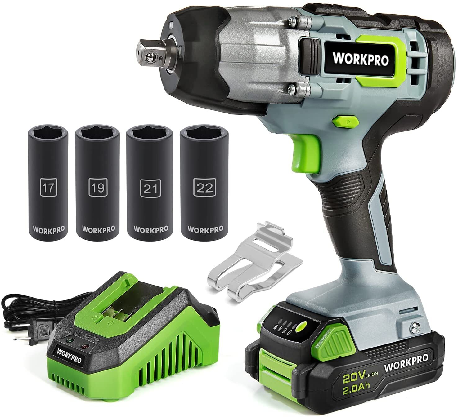 WORKPRO 20V Cordless Impact Wrench/with 4Piece Drive Impact Socket 2.0Ah Battery