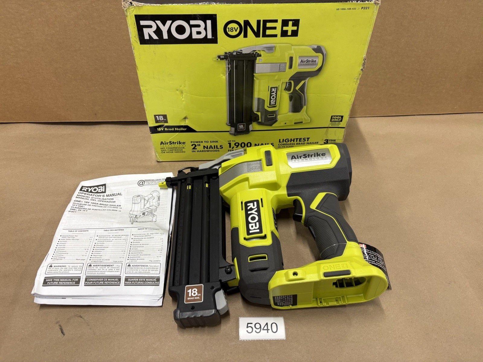 RYOBI ONE+ 18V 18-Gauge P321 Cordless AirStrike Brad Nailer (Tool Only)