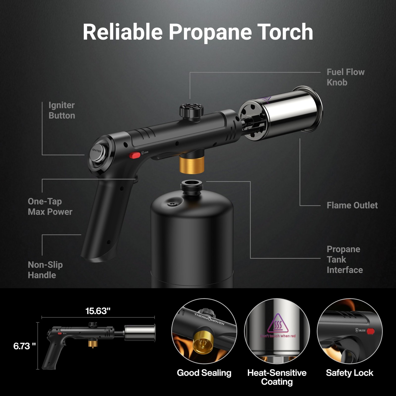 Propane Torch with One-Touch Max Fire, Cooking Blow Torch Gun with Safety Loc…