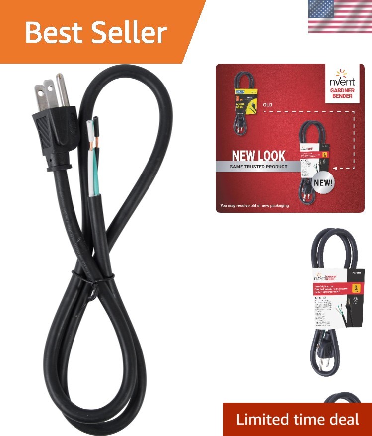 Professional Grade 3-Wire Power Cord – 3 ft, 125V, 1625W for Tools & Appliances