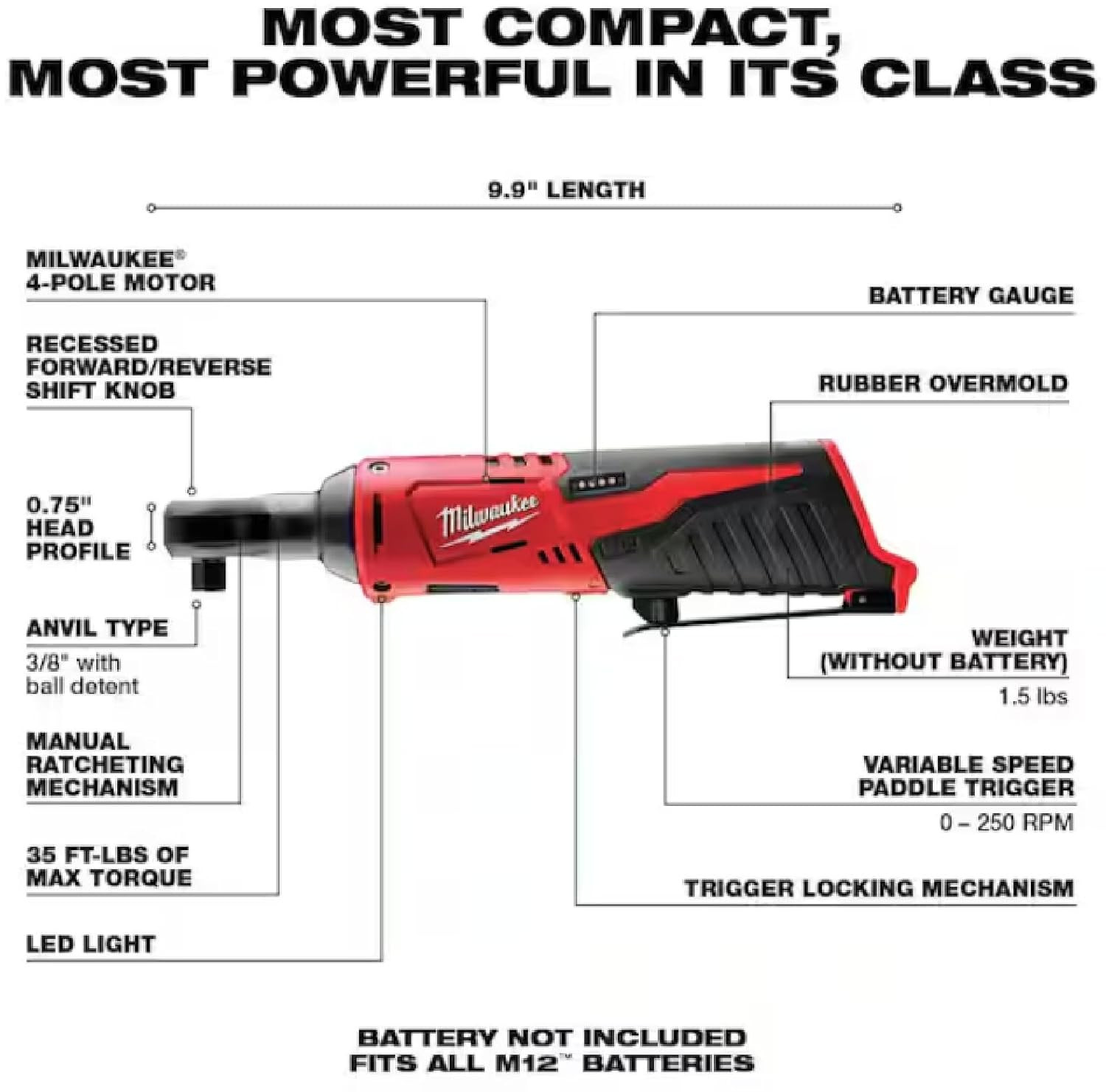 Milwaukee 2457-20 M12 Cordless 3/8&Prime; Sub-Compact 35 Ft-Lbs 250 RPM Ratchet W/ Var