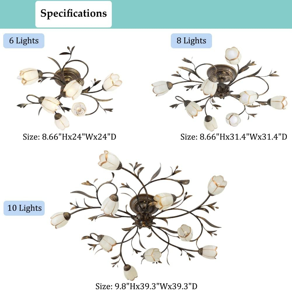 Flower Semi Flush Mount Ceiling Light, Rustic Ceiling Fixture with Frosted Glass
