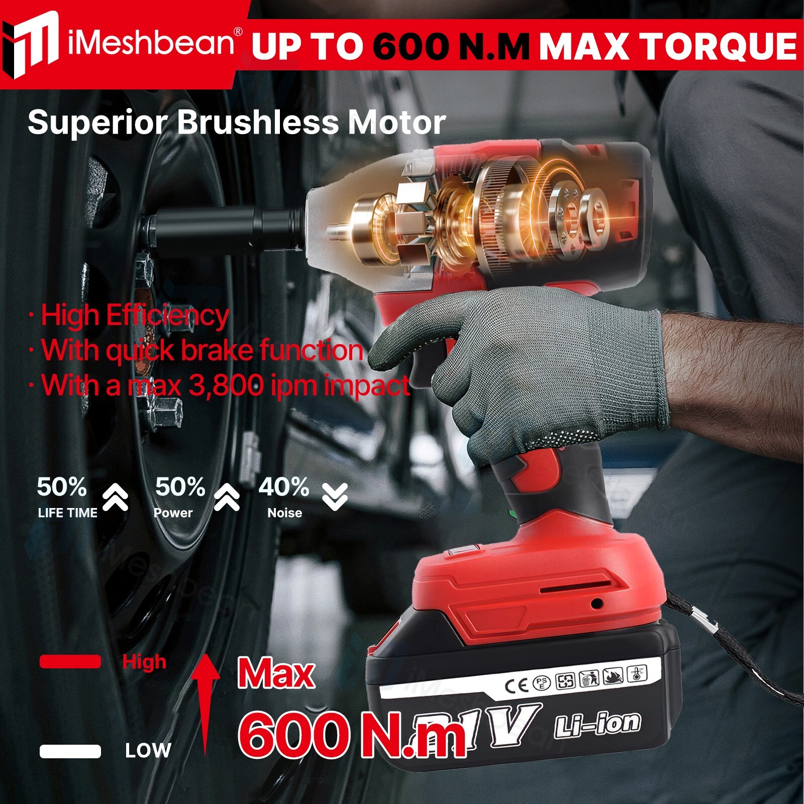 Cordless Impact Wrench 1/2&Prime; High Torque Brushless 20V Drill Driver Tool+2Battery
