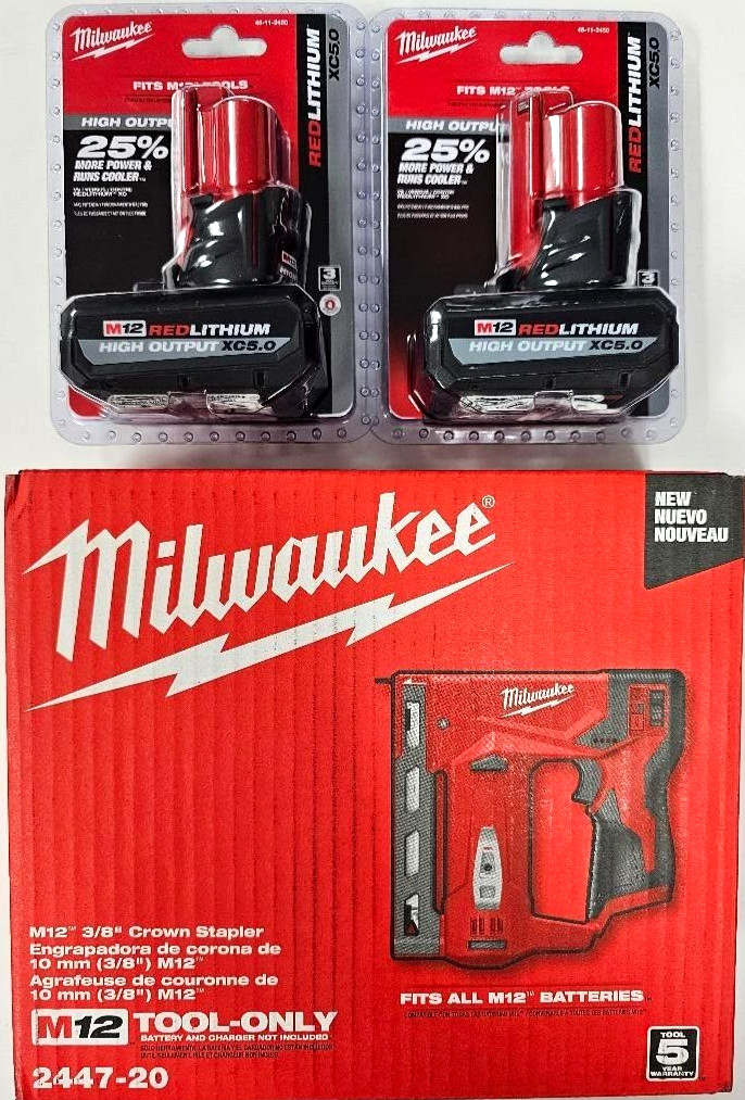 NEW Milwaukee 2447-20 M12 Cordless Compact 3/8&Prime; Crown Stapler, 2) 5.0 AH Battery