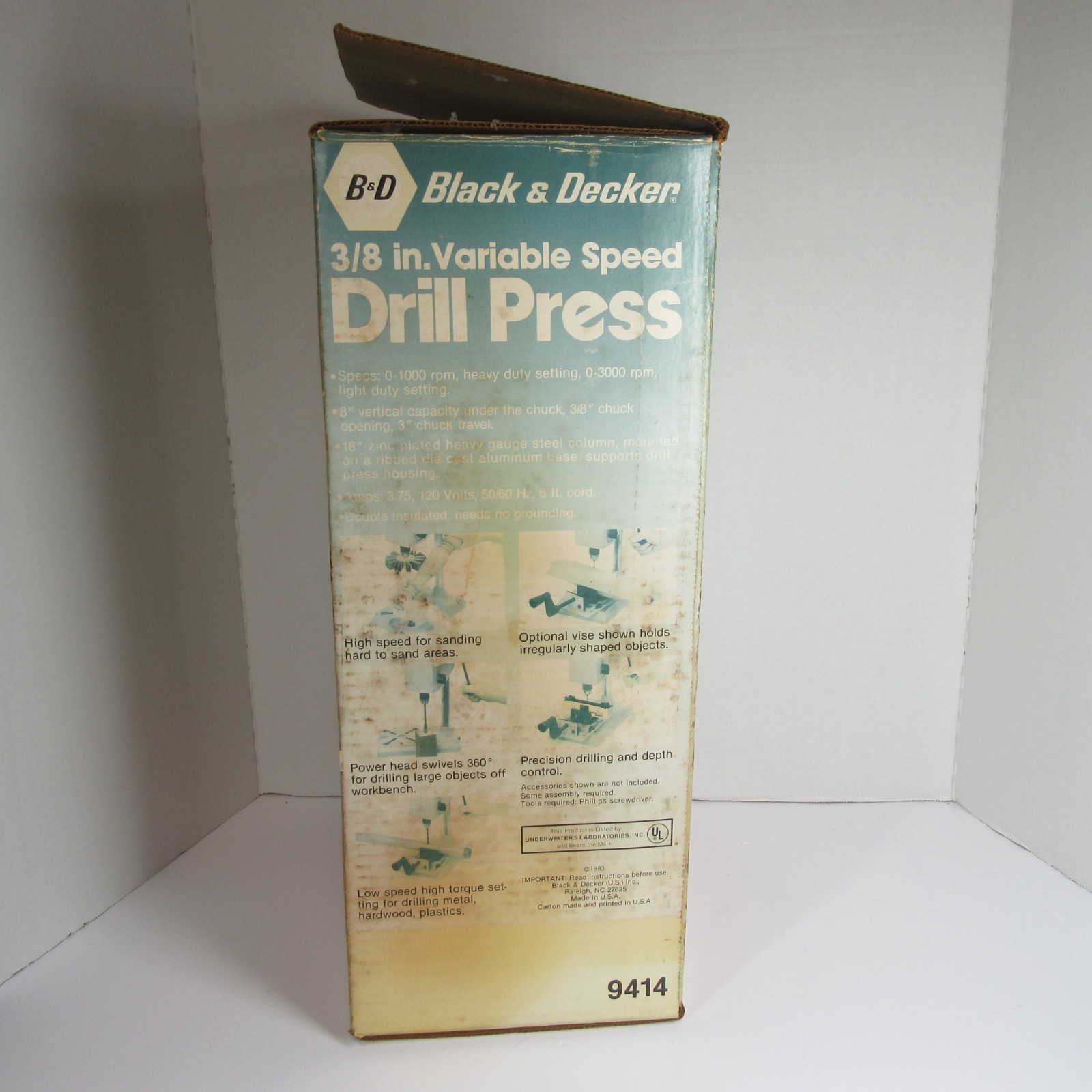Black and Decker Drill Press 3/8&Prime; Variable Speed Swivel Head Sanding 9414 Box