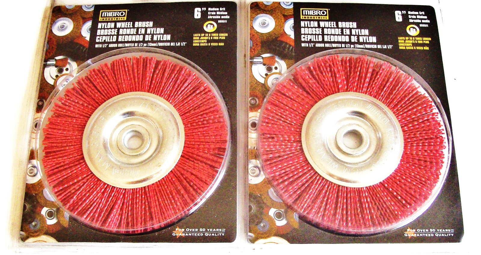 2 MIBRO 6&Prime; NYLON WHEEL BRUSHES MED. GRIT BENCH GRINDER 5/8 1/2 ARBOR 889511 WIRE