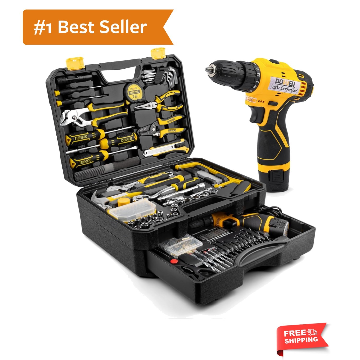 223-Piece Power Drill Tool Set, 12V Cordless Drill Driver Kit with Drawer Too…