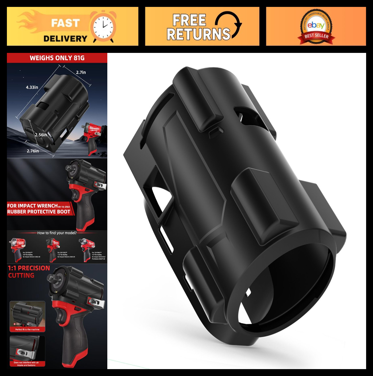 Impact Driver Rubber Boot Cover for M12 Fuel Stubby 3/8&Prime; & 1/2&Prime; Wrench – Protect
