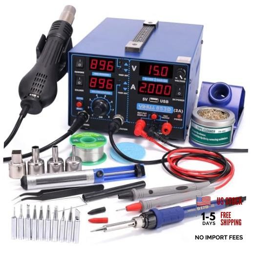 SMD Hot Air Rework Soldering Iron Station, DC Power Supply 0-15V 0 853D 2A USB