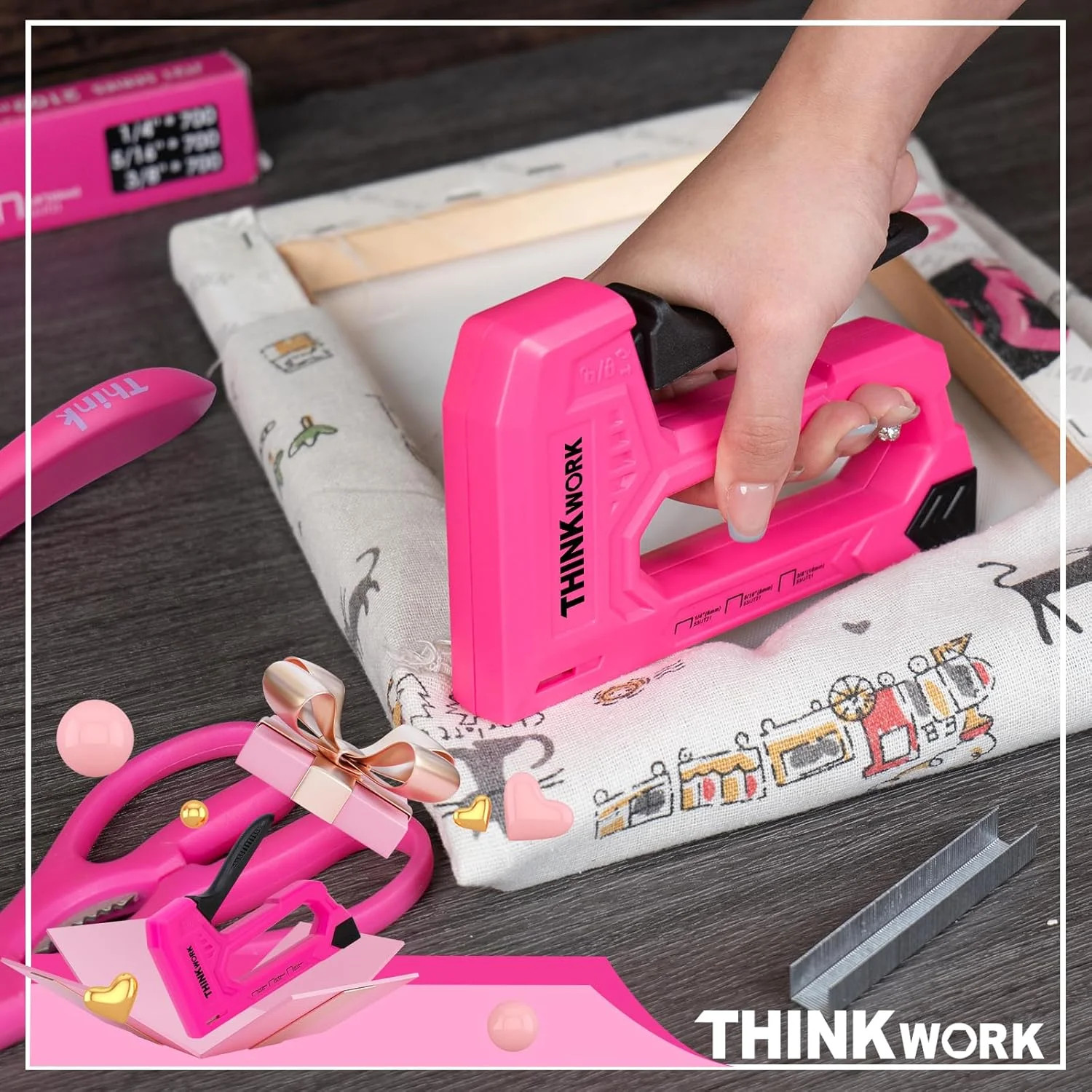 THINKWORK Light Duty Staple Gun, Pink Upholstery Staple Gun for Wood with 1600pc