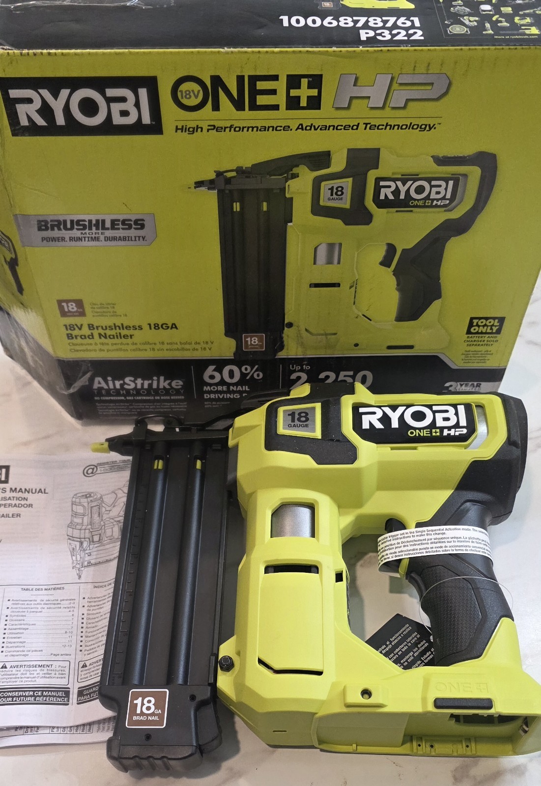 RYOBI ONE+ HP 18V 18-Gauge Brushless Cordless AirStrike Brad Nailer (Tool Only)