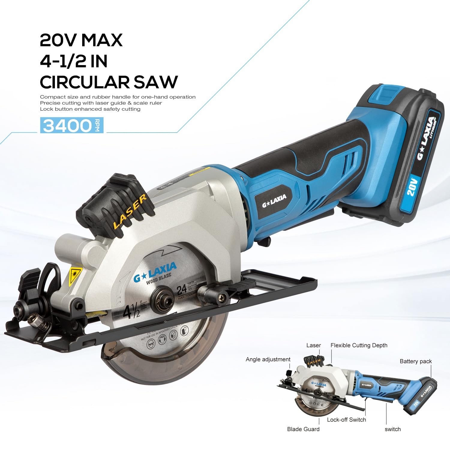 Mini Circular Saw, 4-1/2 3400RPM Cordless Circular Saw with Laser Guide, Rip …