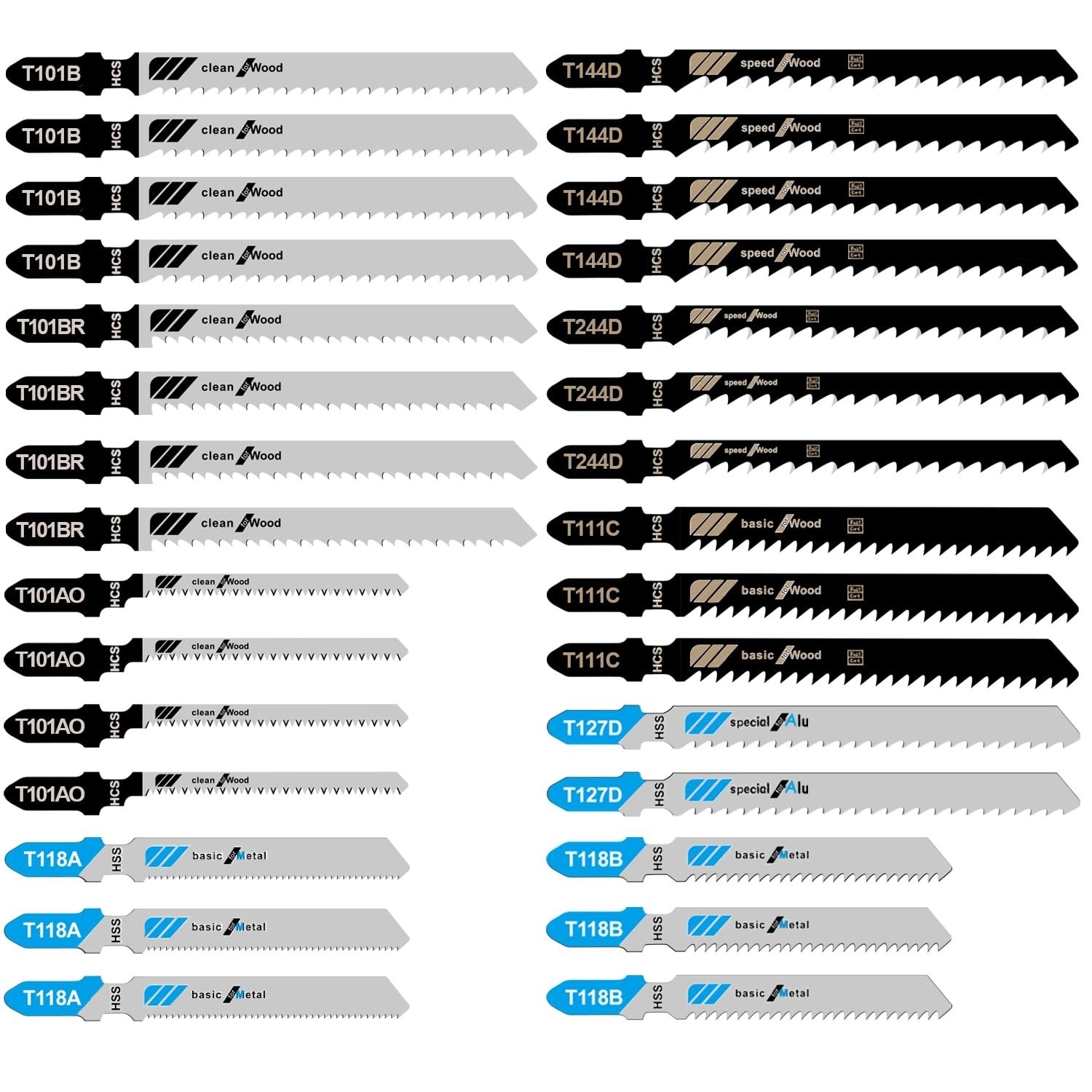 30 Pc T Shank Jigsaw Blades Set Assorted Wood Metal Plastic Cutting Jig Saw