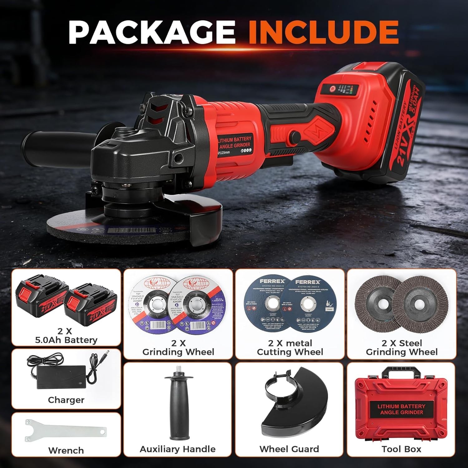 21V Cordless Angle Grinder 4-1/2&Prime; Brushless 2×5.0Ah Battery Cutting Tool Kit